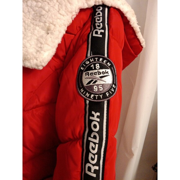 Reebok womens puffer jacket red 90s hooded Large - Picture 3 of 5